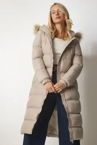 Women's Stone Hooded Long Padded Coat VP00001-Stone - 4