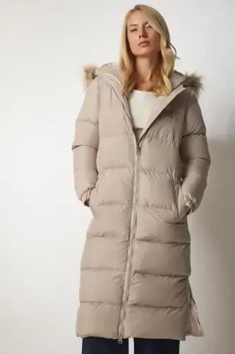 Women's Stone Hooded Long Padded Coat VP00001-Stone - 5