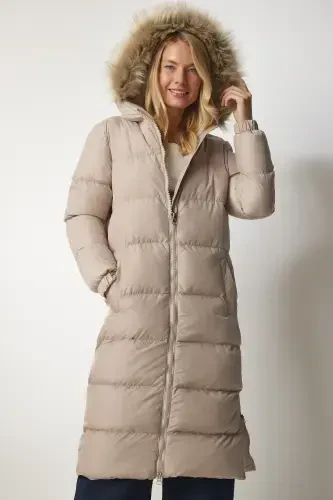 Women's Stone Hooded Long Padded Coat VP00001-Stone - 6