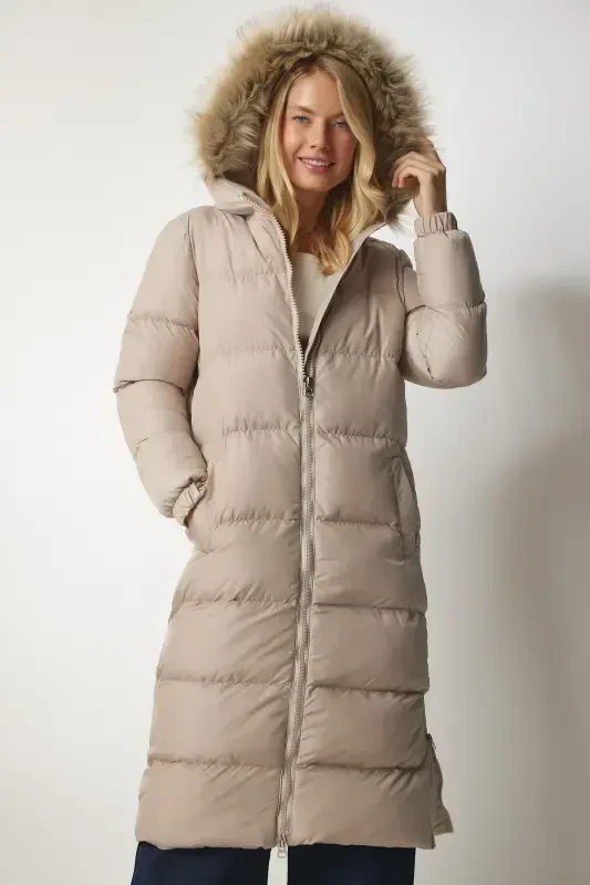 Women's Stone Hooded Long Padded Coat VP00001-Stone - 6