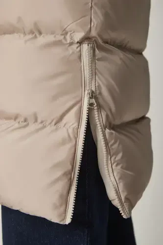 Women's Stone Hooded Long Padded Coat VP00001-Stone - 7