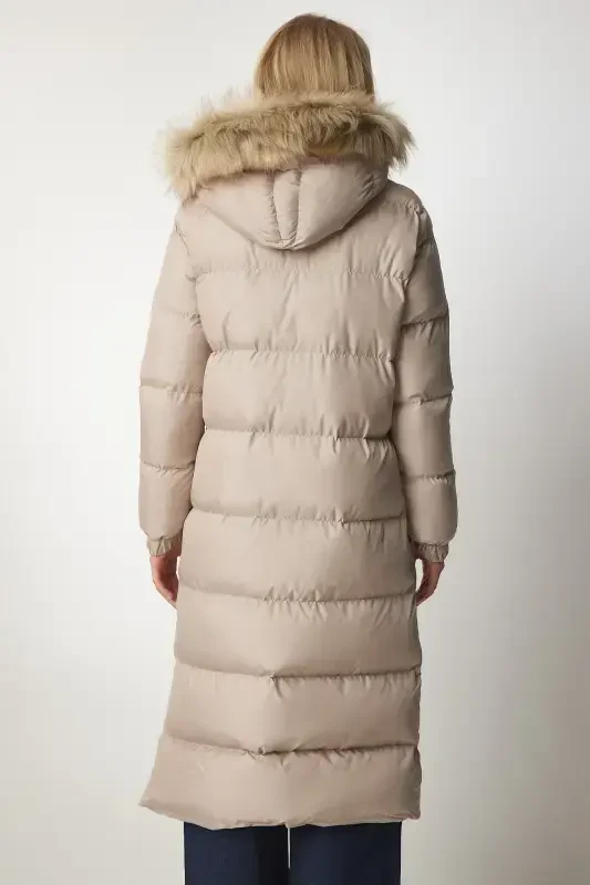 Women's Stone Hooded Long Padded Coat VP00001-Stone - 10