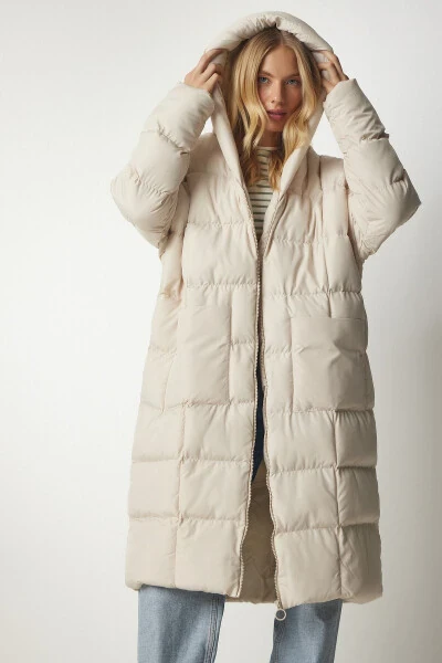 Women's Stone Hooded Oversize Long Puffer Coat NT00 - HAPPINESS İSTANBUL