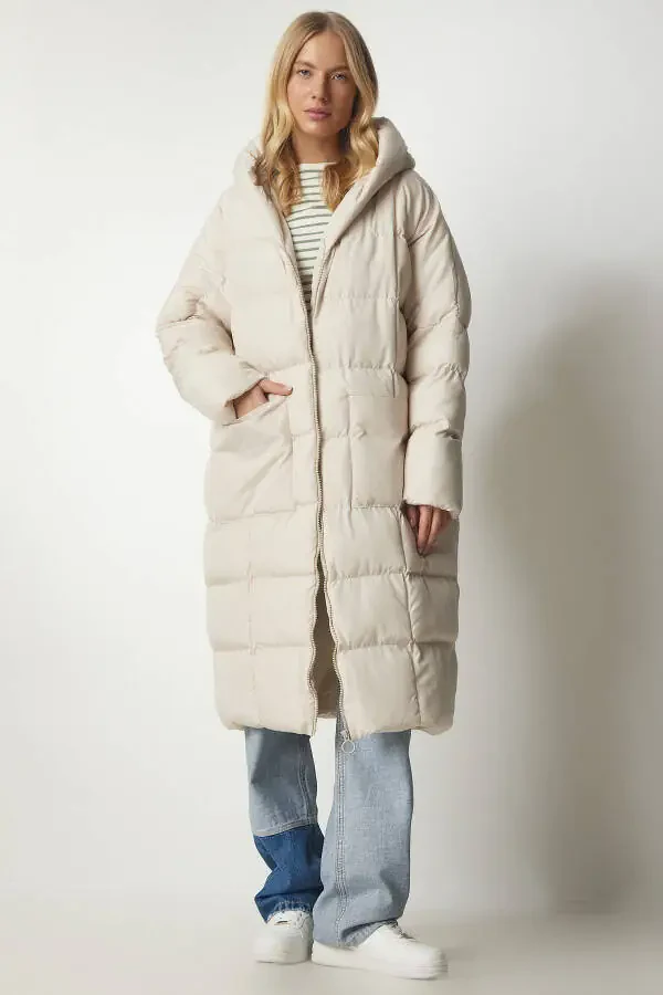 Women's Stone Hooded Oversize Long Puffer Coat NT00 - 2