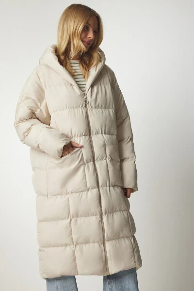 Women's Stone Hooded Oversize Long Puffer Coat NT00 - 3