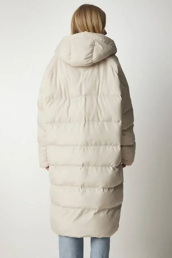 Women's Stone Hooded Oversize Long Puffer Coat NT00 - 5