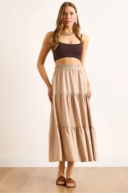 Women's Stone Layered Tiered Midi Woven Skirt ETK-19000313-Stone - 2