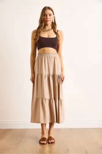 Women's Stone Layered Tiered Midi Woven Skirt ETK-19000313-Stone - 3