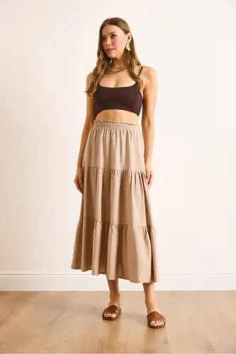 Women's Stone Layered Tiered Midi Woven Skirt ETK-19000313-Stone - 4