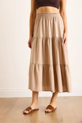 Women's Stone Layered Tiered Midi Woven Skirt ETK-19000313-Stone - 5