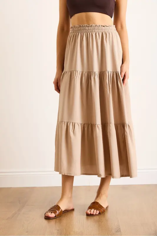Women's Stone Layered Tiered Midi Woven Skirt ETK-19000313-Stone - 5