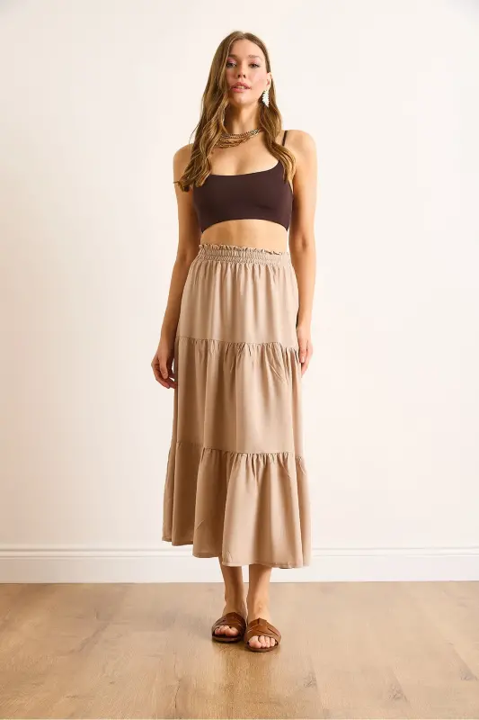 Women's Stone Layered Tiered Midi Woven Skirt ETK-19000313-Stone - 6