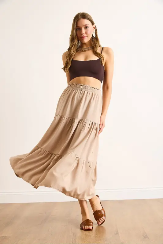 Women's Stone Layered Tiered Midi Woven Skirt ETK-19000313-Stone - 7
