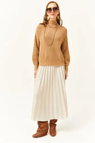Women's Stone Leather Look Pleated Bell Skirt ETK-19000 - 4