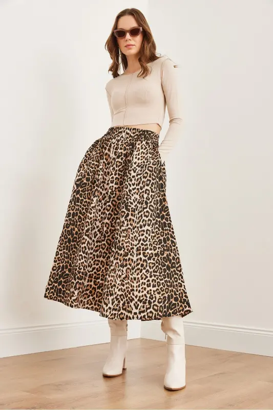 Women's Stone Leopard Elastic Waist Parachute Flare Skirt ET - 2