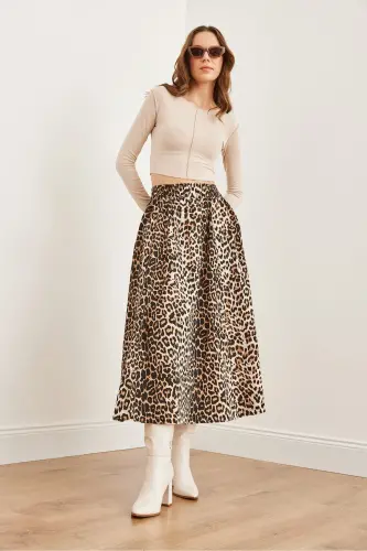 Women's Stone Leopard Elastic Waist Parachute Flare Skirt ET - 3