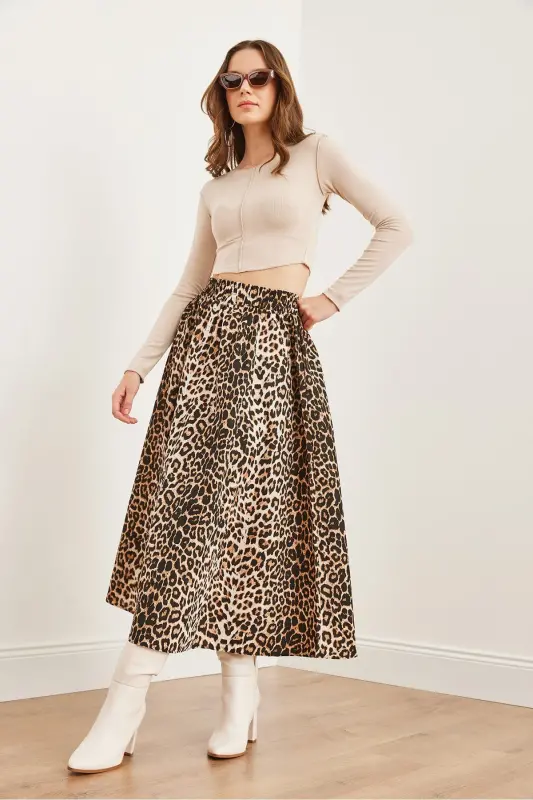 Women's Stone Leopard Elastic Waist Parachute Flare Skirt ET - 5
