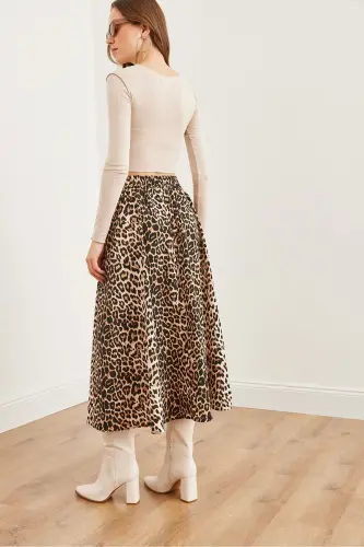 Women's Stone Leopard Elastic Waist Parachute Flare Skirt ET - 7