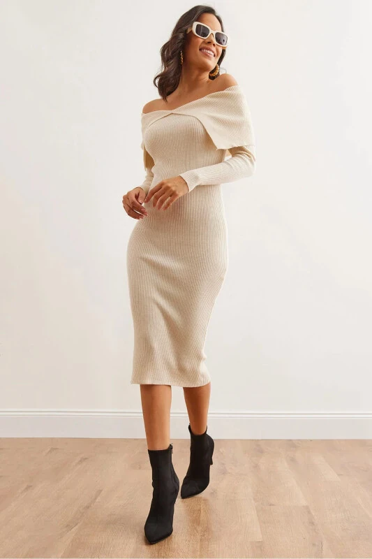 Women's Stone Madonna Collar Ribbed Knit Dress ELB-19 - 1