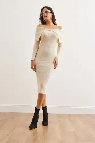 Women's Stone Madonna Collar Ribbed Knit Dress ELB-19 - OLALOOK (1)