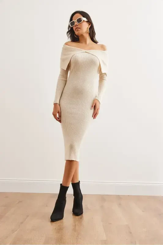 Women's Stone Madonna Collar Ribbed Knit Dress ELB-19 - 2
