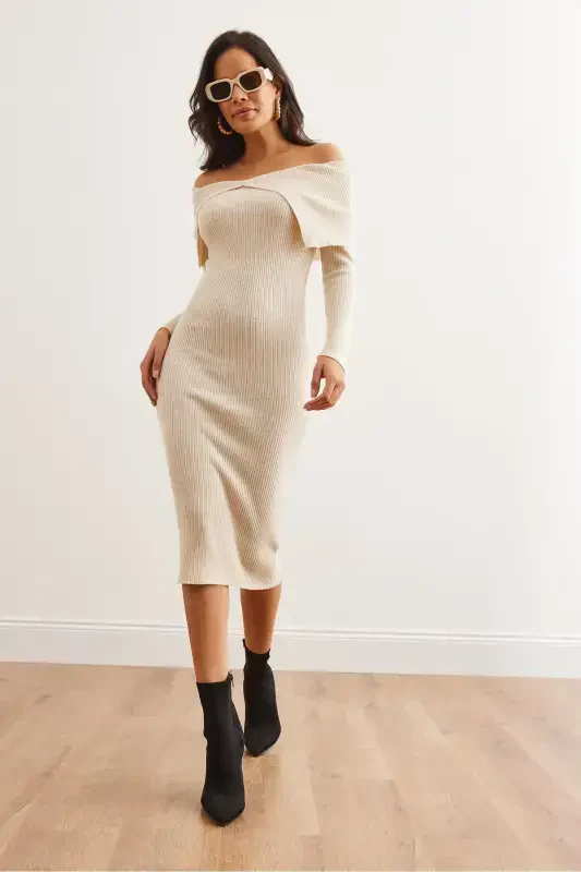Women's Stone Madonna Collar Ribbed Knit Dress ELB-19 - 3