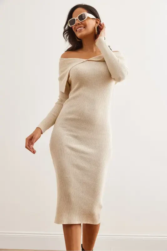Women's Stone Madonna Collar Ribbed Knit Dress ELB-19 - 4