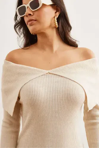 Women's Stone Madonna Collar Ribbed Knit Dress ELB-19 - 5