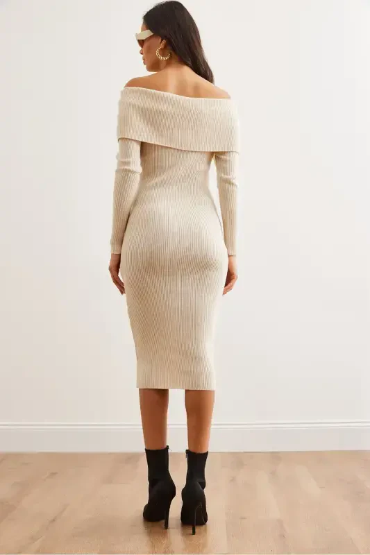 Women's Stone Madonna Collar Ribbed Knit Dress ELB-19 - 6