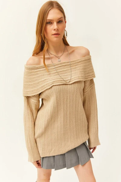 Women's Stone Madonna Neckline Lace Loose Knitted Sweater KZK-19000732 - OLALOOK