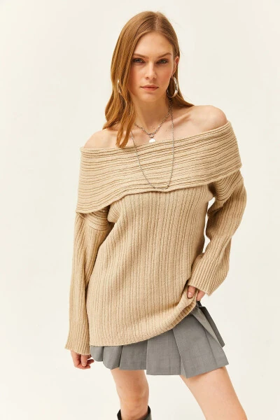 Women's Stone Madonna Neckline Lace Loose Knitted Sweater KZK-19000732 - OLALOOK (1)