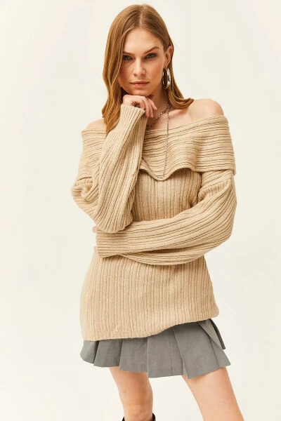 Women's Stone Madonna Neckline Lace Loose Knitted Sweater KZK-19000732 - 3