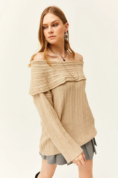 Women's Stone Madonna Neckline Lace Loose Knitted Sweater KZK-19000732 - 4