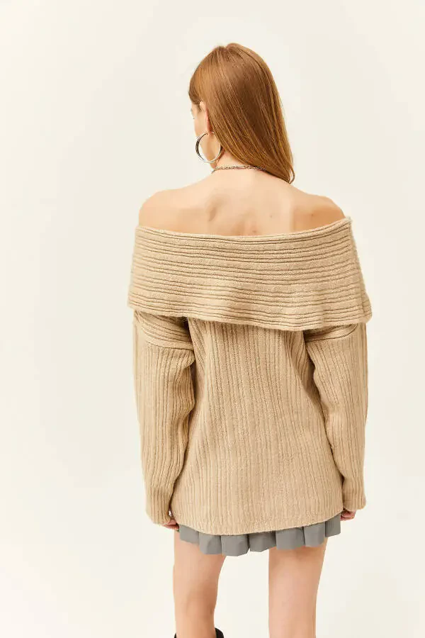 Women's Stone Madonna Neckline Lace Loose Knitted Sweater KZK-19000732 - 5