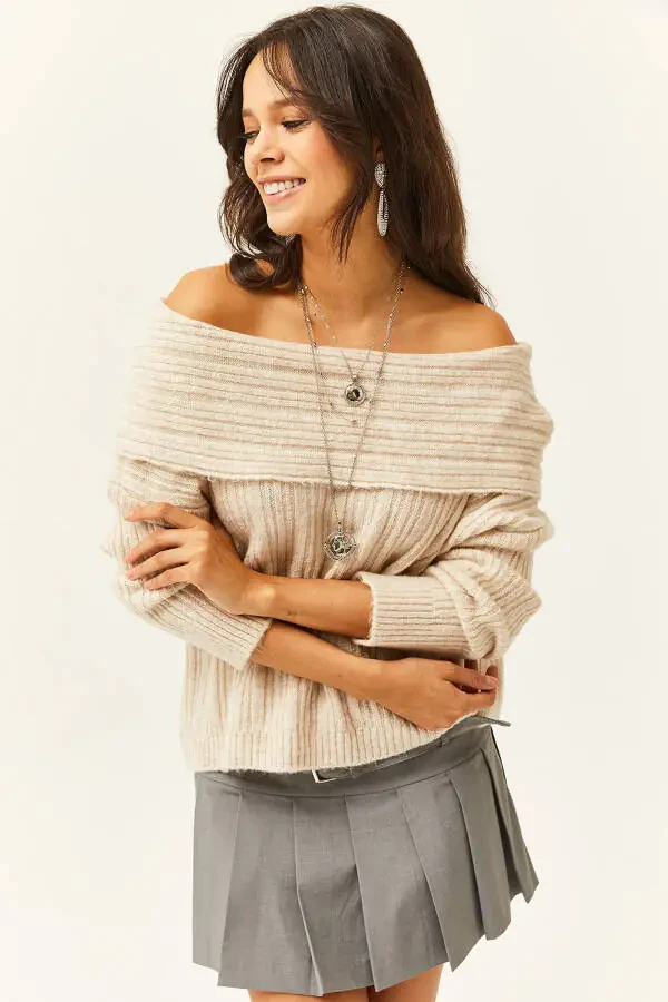 Women's Stone Madonna Neckline Soft Texture Knitted Pullover KZK-19000708 - 1