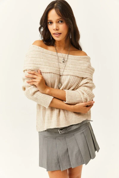 Women's Stone Madonna Neckline Soft Texture Knitted Pullover KZK-19000708 - 3