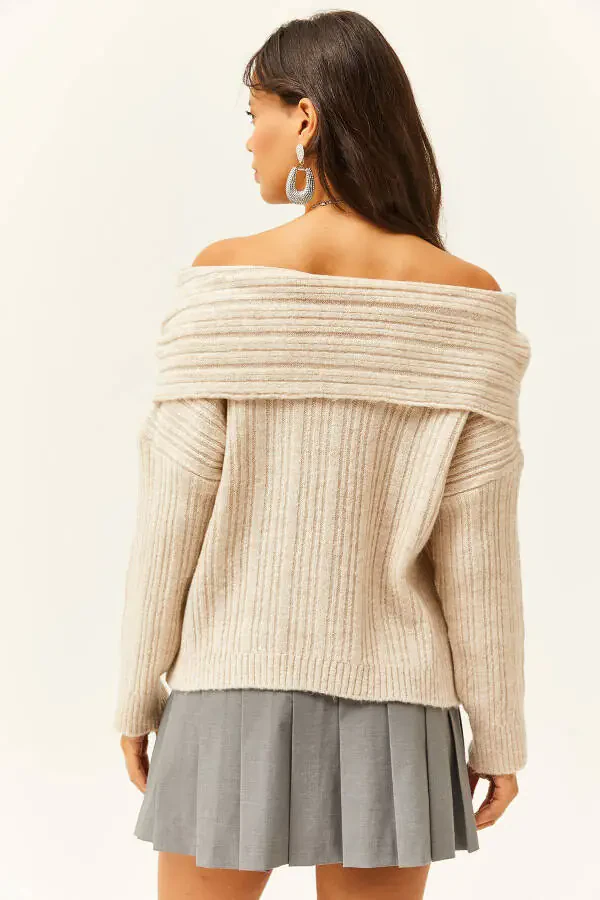 Women's Stone Madonna Neckline Soft Texture Knitted Pullover KZK-19000708 - 5