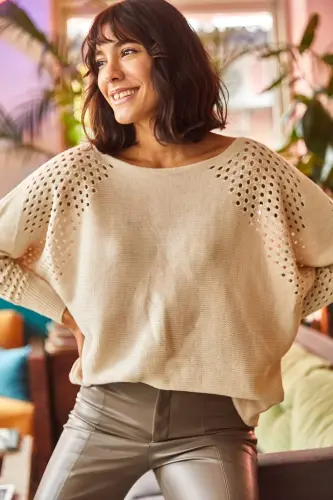 Women's Stone Openwork Batwing Oversize Knit Sweater KZK-19000524-Stone - 3