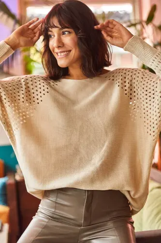 Women's Stone Openwork Batwing Oversize Knit Sweater KZK-19000524-Stone - 5