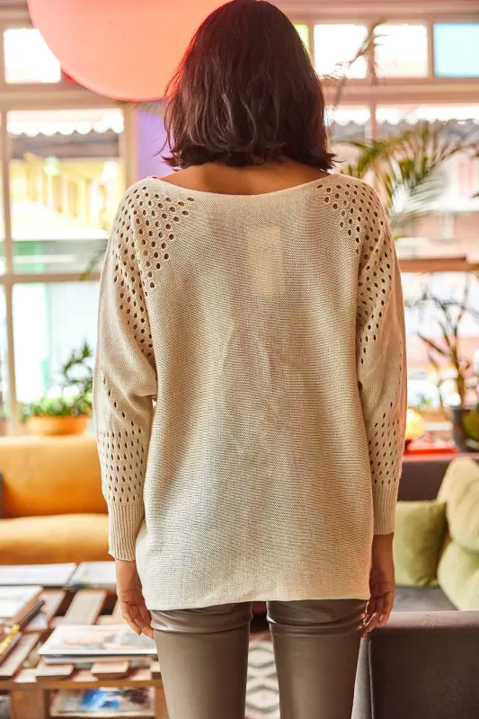 Women's Stone Openwork Batwing Oversize Knit Sweater KZK-19000524-Stone - 6