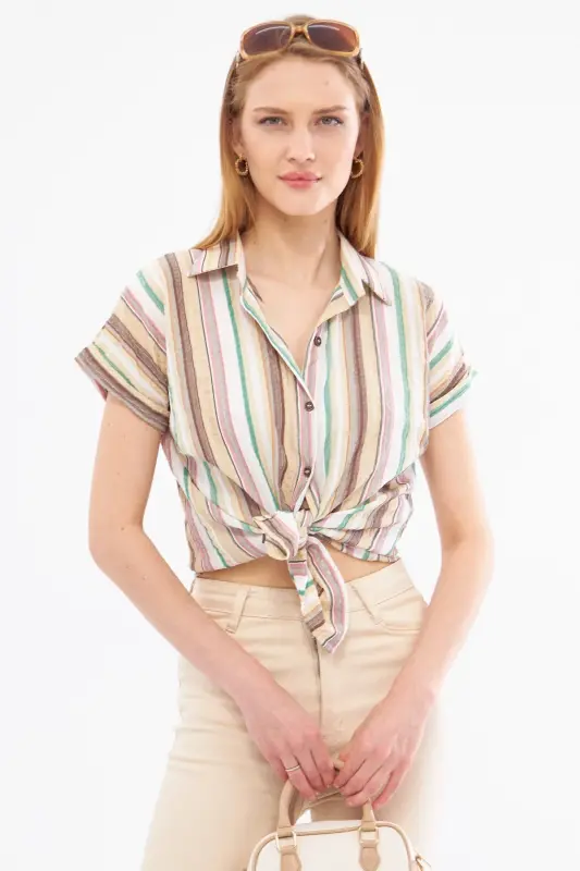 Women's Stone Patterned Short Sleeve Shirt ARM-22Y001052 - 1