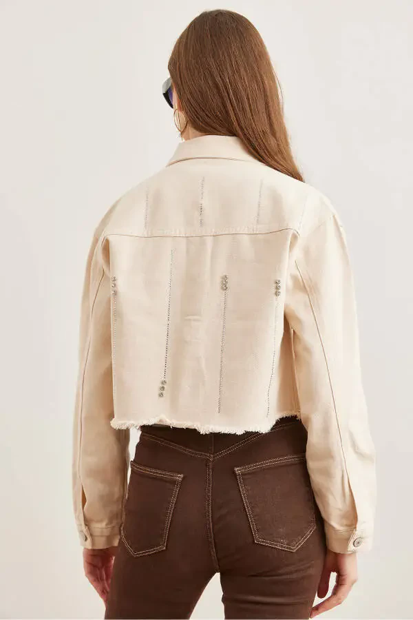 Women's Stone Pocket Front and Back Stone Detail Crop Cotton Gabardine Jacket CKT-19000388 - 6