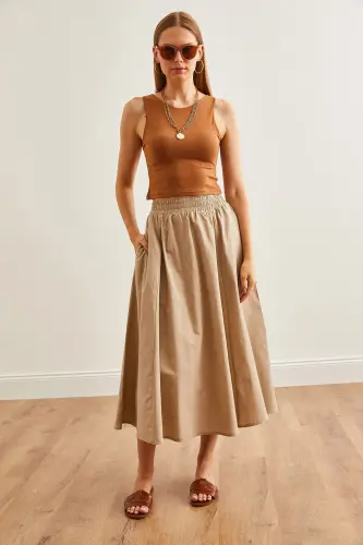 Women's Stone Pocketed Elastic Waist Midi Woven Bell Skirt - OLALOOK (1)