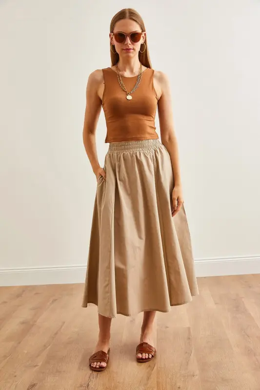 Women's Stone Pocketed Elastic Waist Midi Woven Bell Skirt - 2