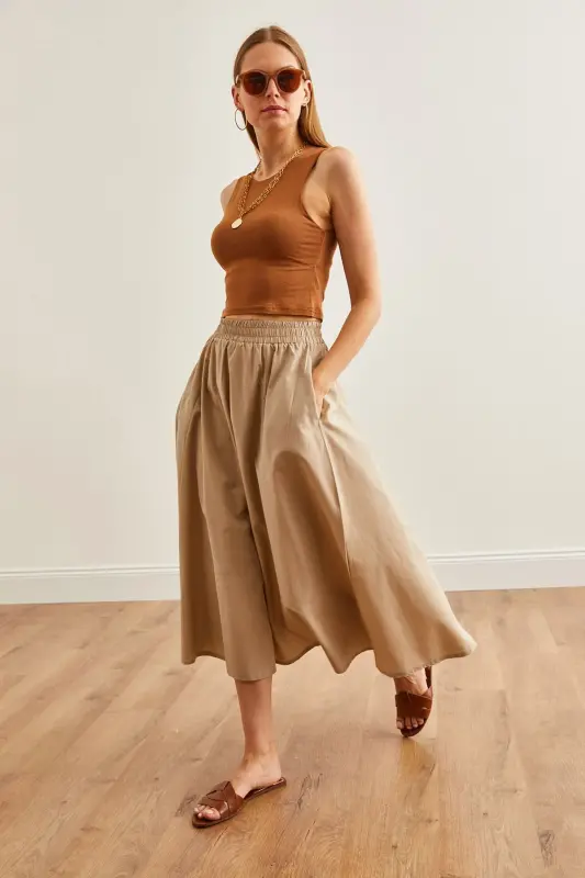 Women's Stone Pocketed Elastic Waist Midi Woven Bell Skirt - 4