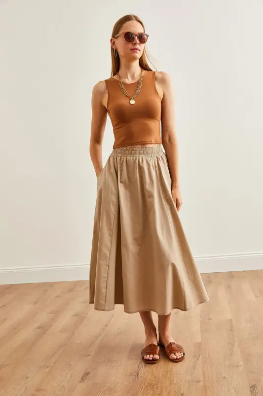 Women's Stone Pocketed Elastic Waist Midi Woven Bell Skirt - 5