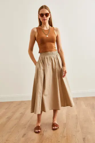 Women's Stone Pocketed Elastic Waist Midi Woven Bell Skirt - 6