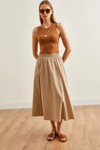 Women's Stone Pocketed Elastic Waist Midi Woven Bell Skirt - 7