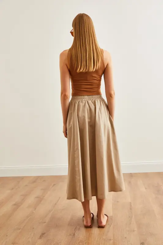 Women's Stone Pocketed Elastic Waist Midi Woven Bell Skirt - 8