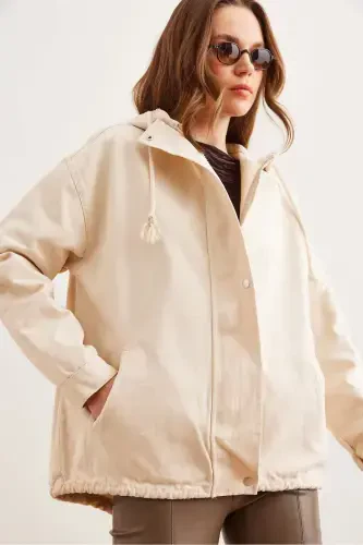 Women's Stone Pocketed Zippered Snap Detailed Gabardine Jacket CKT-19000419-Stone - 1